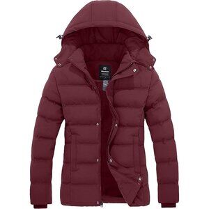 Women's Thicken Wine Red Quilted Puffer Hooded Jacket Coat Warm Winter Removable
